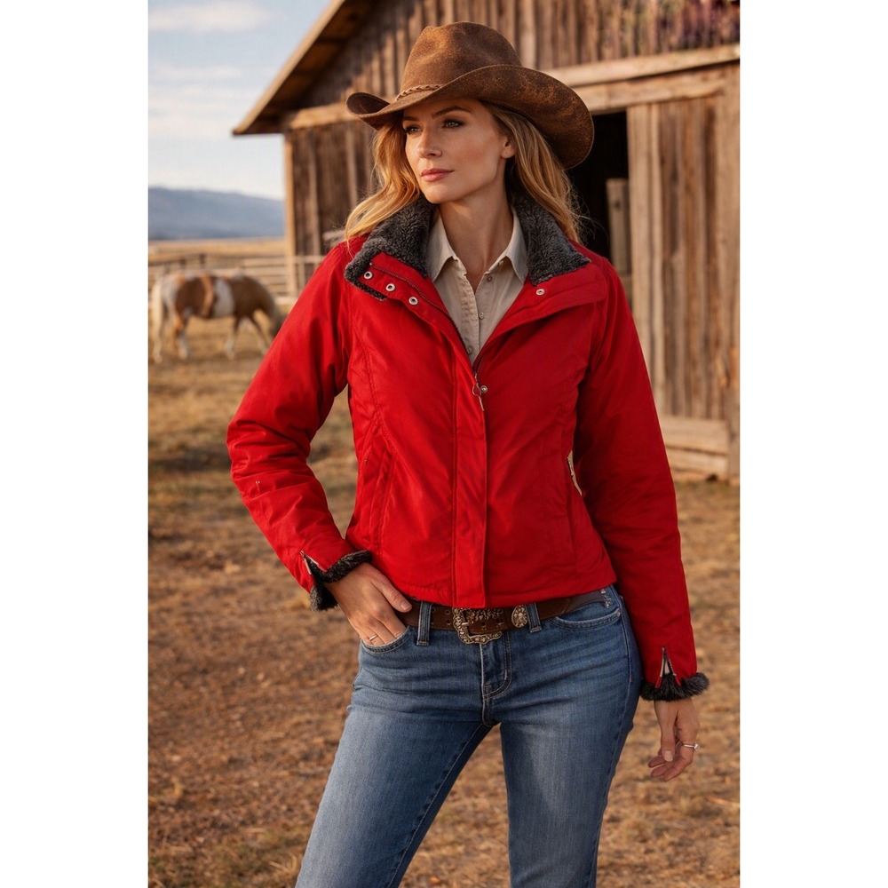 Roper Women's Coat Jacket Small Red Ranchwear Faux Fur Western Utility